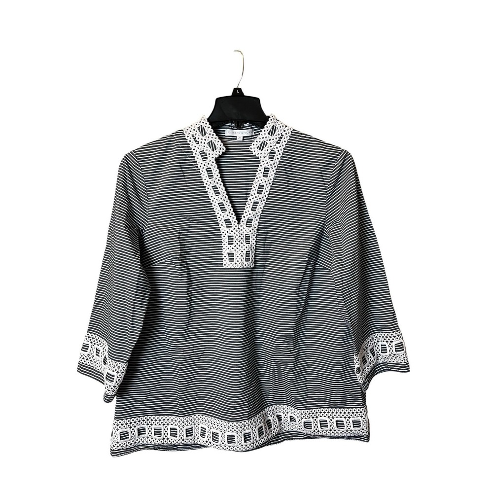 Preston & York Addison Tunic S Blue White Stripe Lace Trim 3/4 Sleeve V-Neck